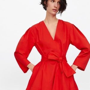 ZARA NWOT RED POPLIN BELTED DRESS - SIZE M